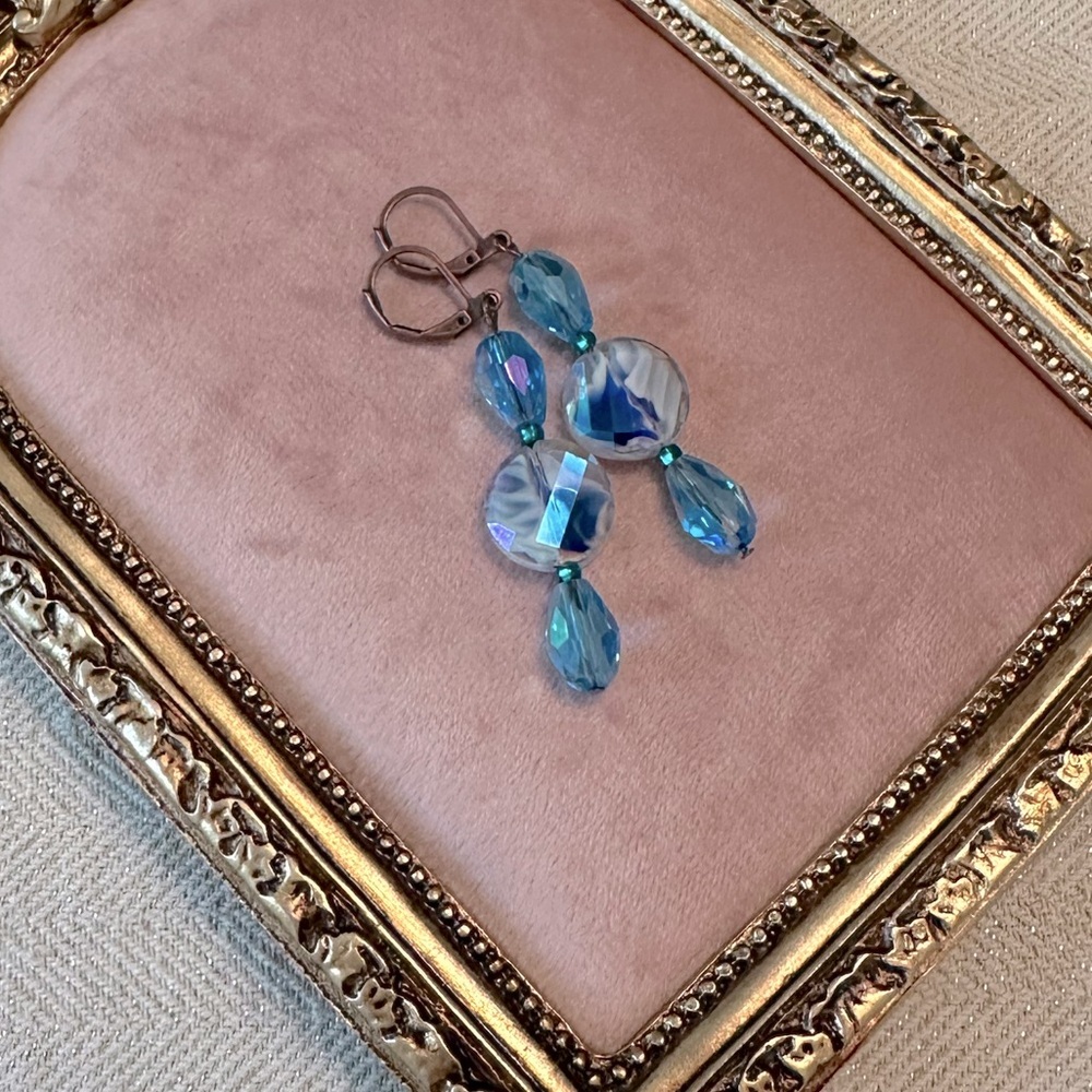 Handmade Antique Copper Teal Blue Green Glass Long Boho Earrings Leverback - Picture 7 of 10